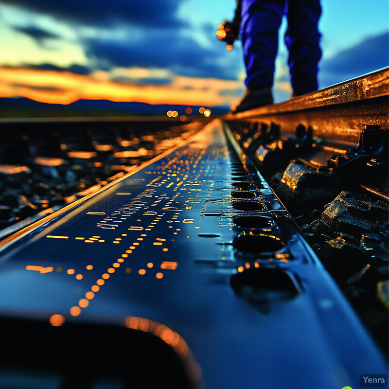 A person stands on train tracks at sunset or sunrise.