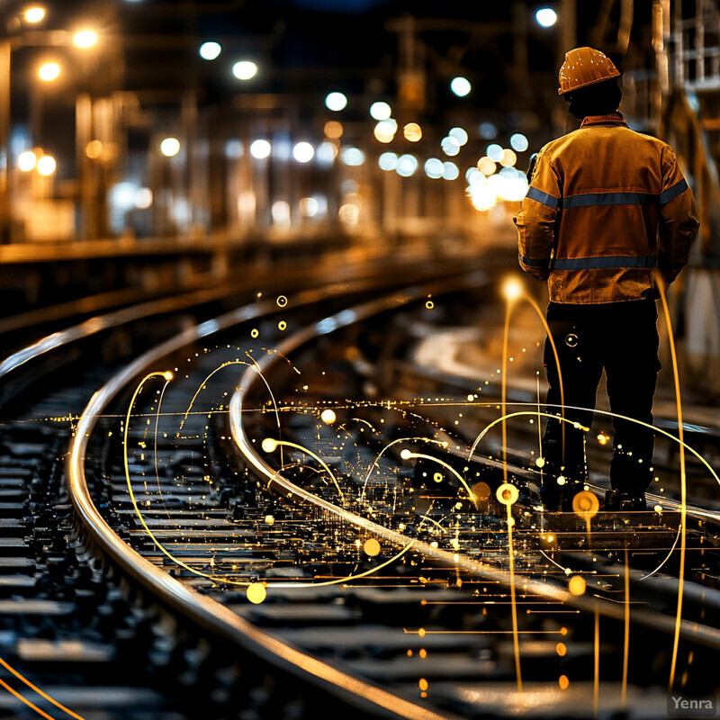 A man in an orange safety jacket and hard hat standing on train tracks at night.