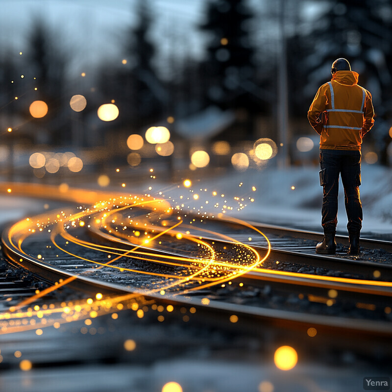 A person stands on railroad tracks at dusk or dawn, wearing a yellow jacket and gazing towards the left side of the image.