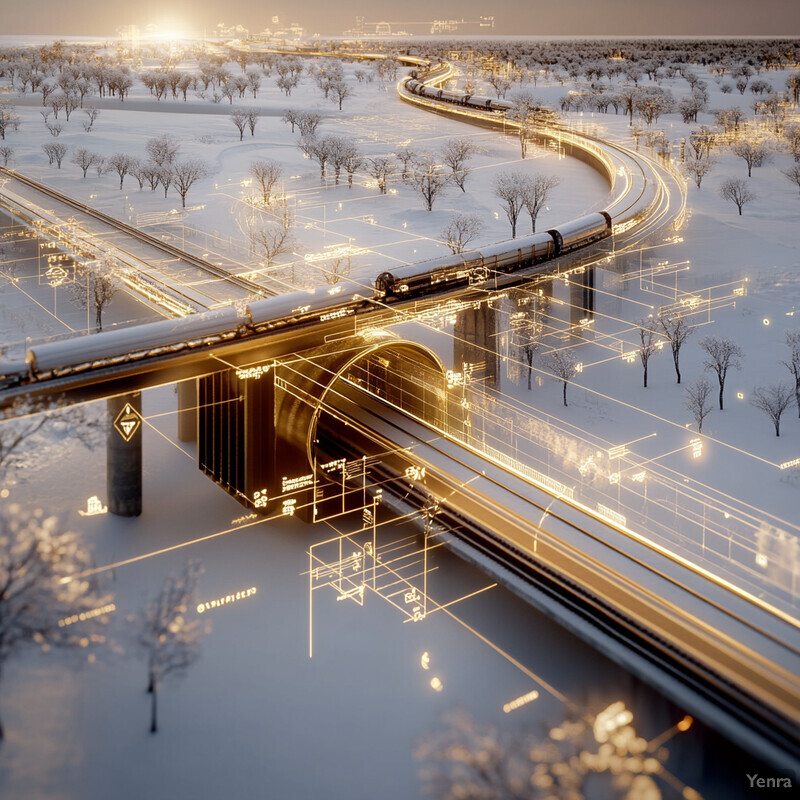 A futuristic transportation system with high-speed trains and elevated tracks in a snowy landscape.