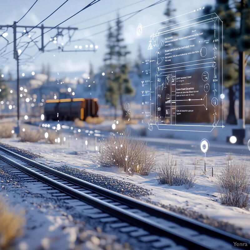 A snowy winter scene with a train on the railway tracks in the distance.