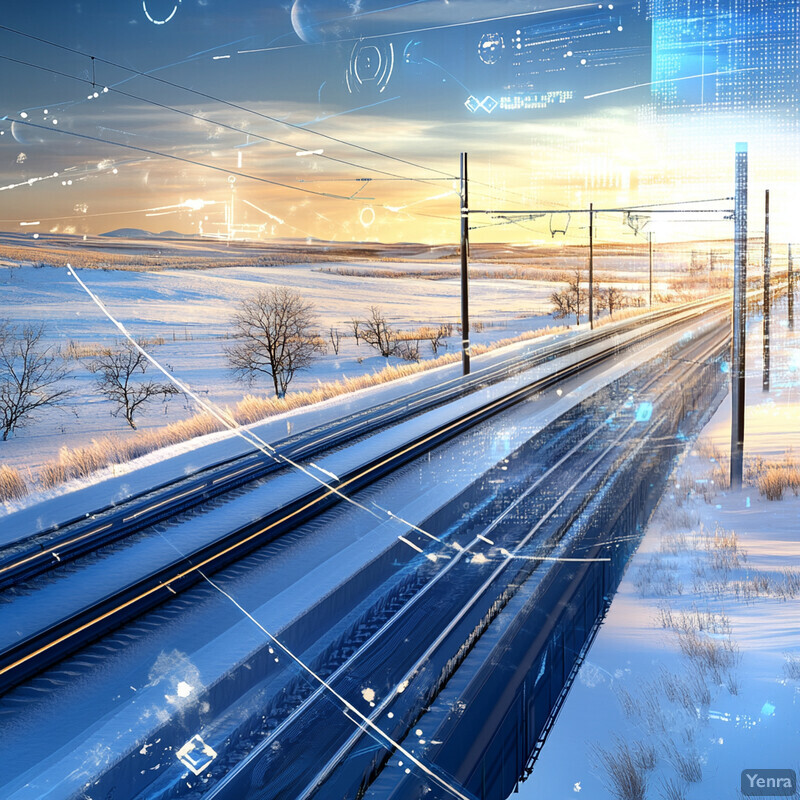 A winter landscape with a railroad track running through it, featuring snow-covered terrain and bare trees in the distance.