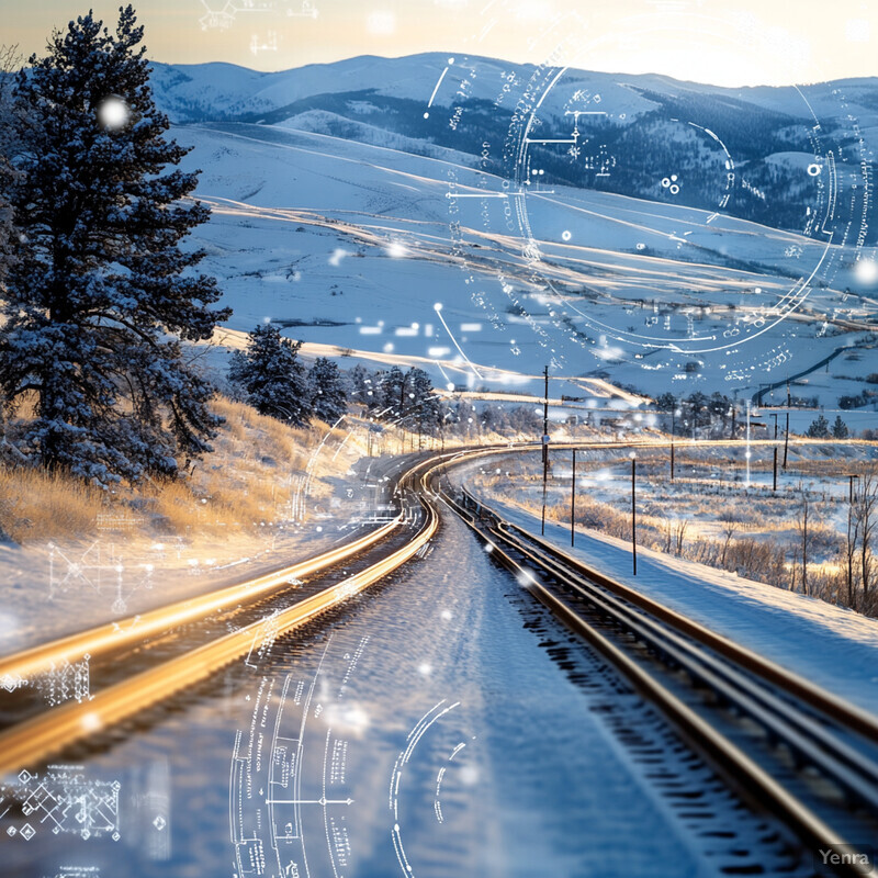 A serene winter landscape with a winding road or railway track.