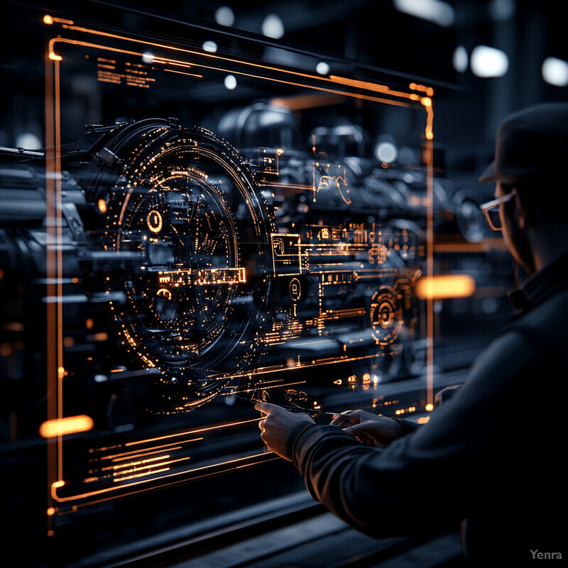 A person is examining an industrial control panel on a screen in an industrial setting.