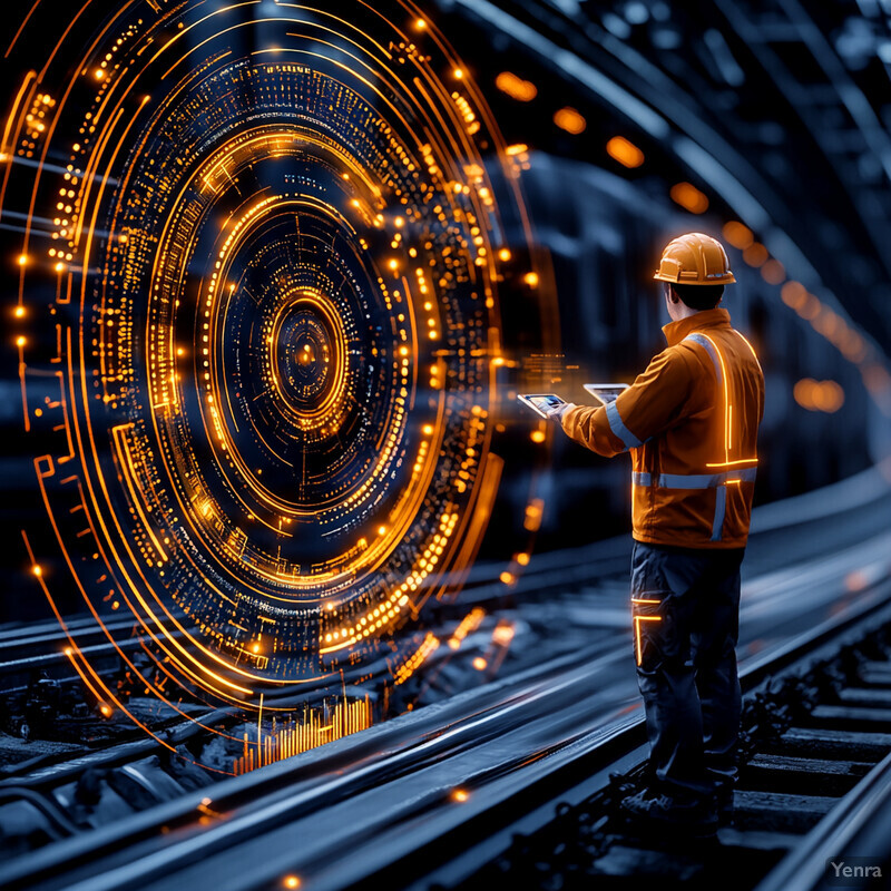 A man in an orange safety jacket stands on train tracks, holding a tablet with a circular interface.