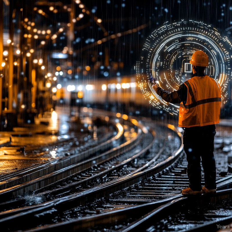 A worker uses a tablet to interact with a holographic display projected on train tracks at night.