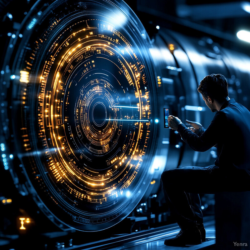 A man examines a large circular device with an orange and blue light emanating from it.