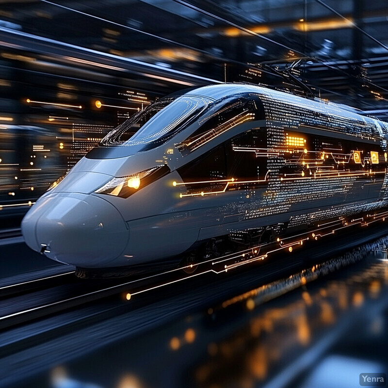 A futuristic high-speed train with advanced technology speeds through a modern station.