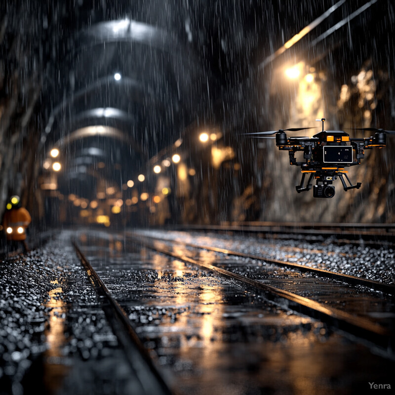 A drone is used to monitor and inspect train tracks in a dimly lit tunnel.