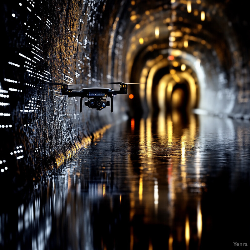 A drone flies through a tunnel with water on the ground.