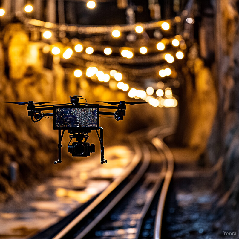 A drone is flying over train tracks at night.