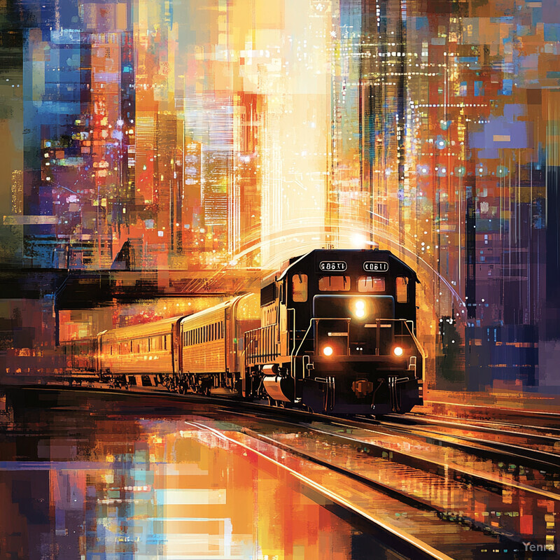 A train travels through a city at night, illuminated by orange and yellow lights.