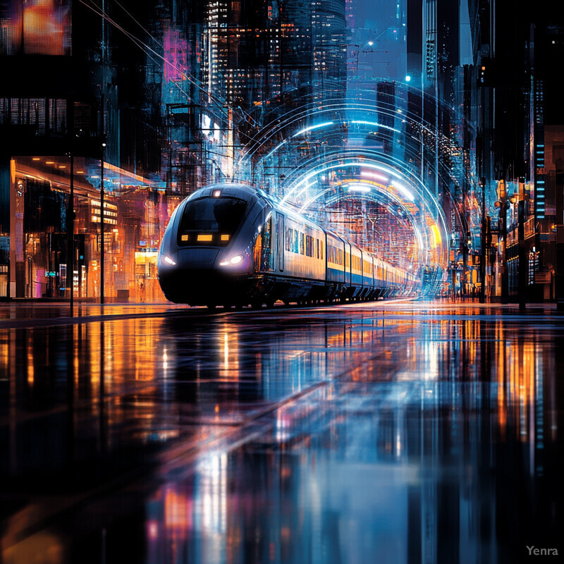 A futuristic cityscape with a sleek high-speed train at its center.