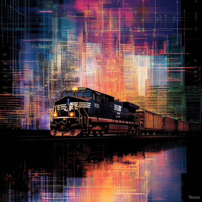 A train travels through a city at night, carrying cargo and passing by tall buildings.