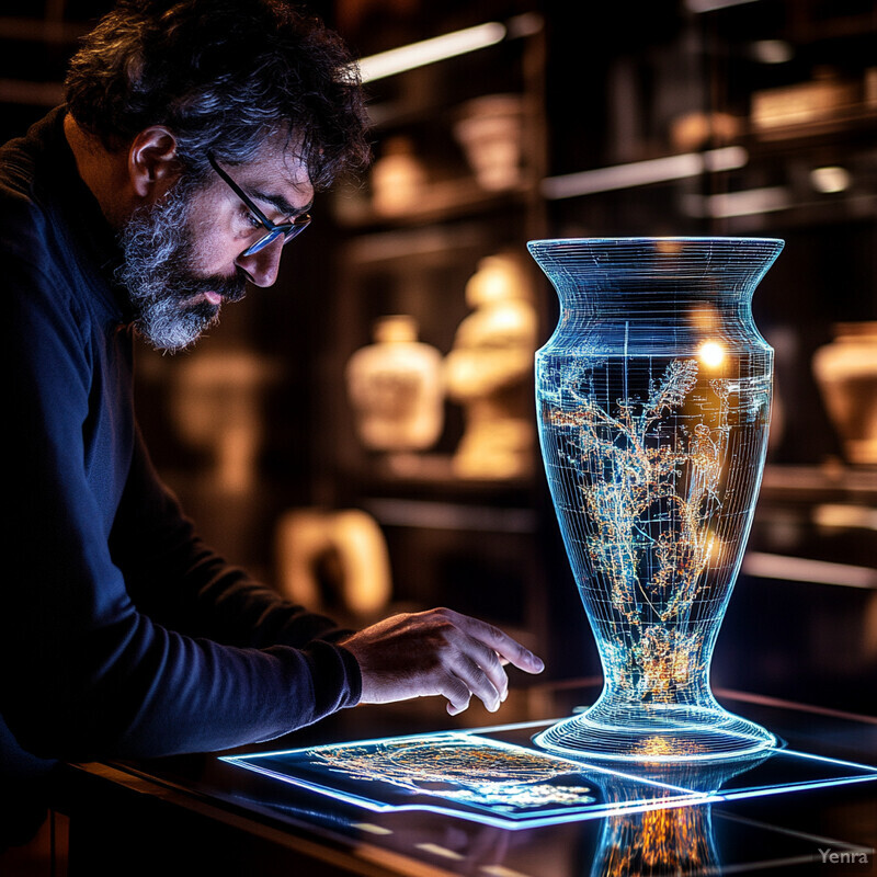 A man is intently examining a large vase with intricate gold patterns on its side displayed within a holographic screen.