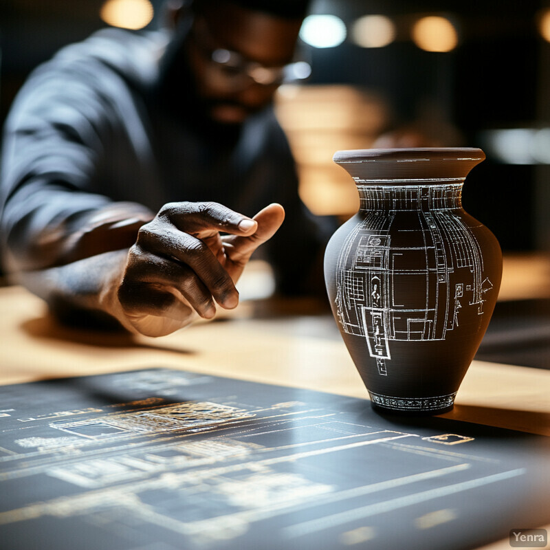 A man crafts a vase using 3D printing technology integrated with AI models in a well-lit workshop.