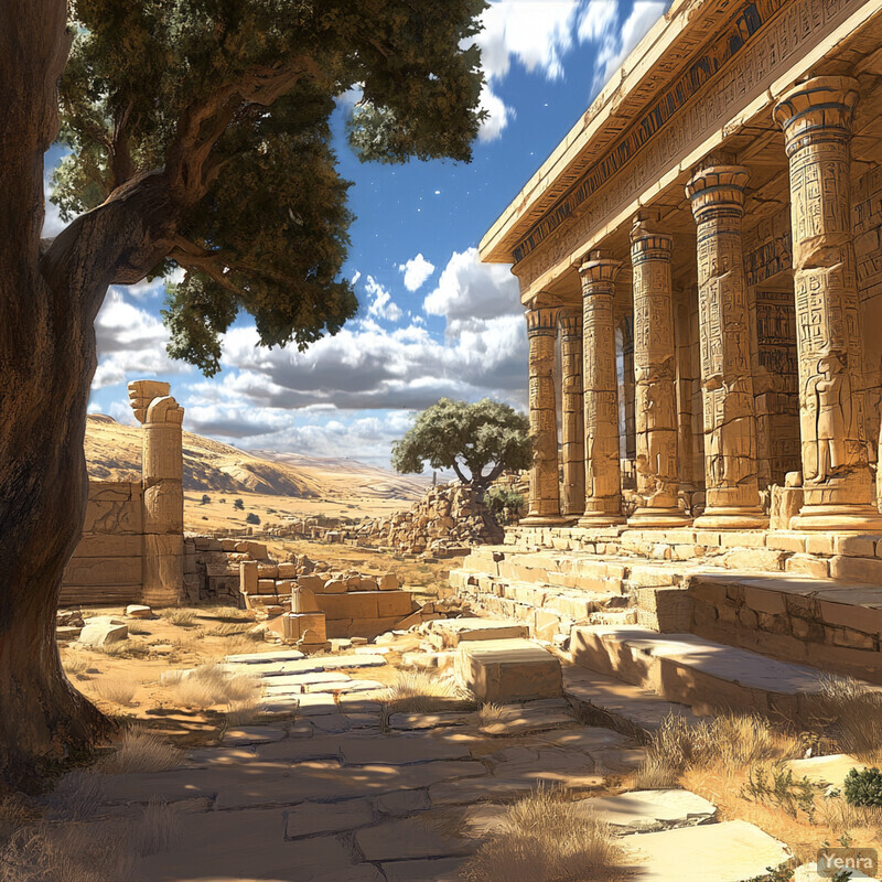 A serene image of an ancient Greek temple with four large stone columns supporting its roof.