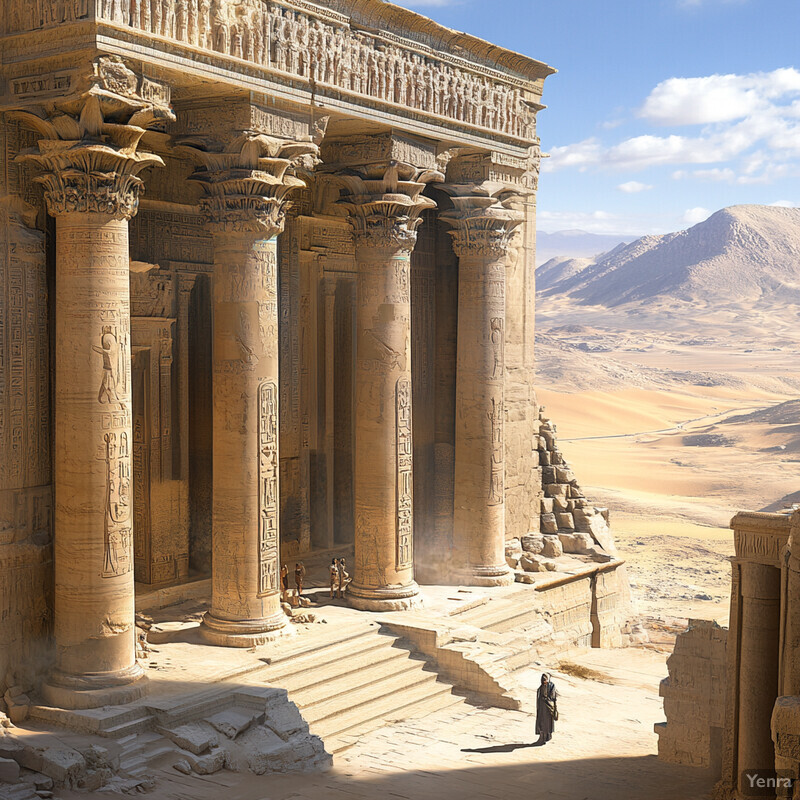 A grand ancient temple with intricate carvings and arches stands amidst a vast desert landscape.