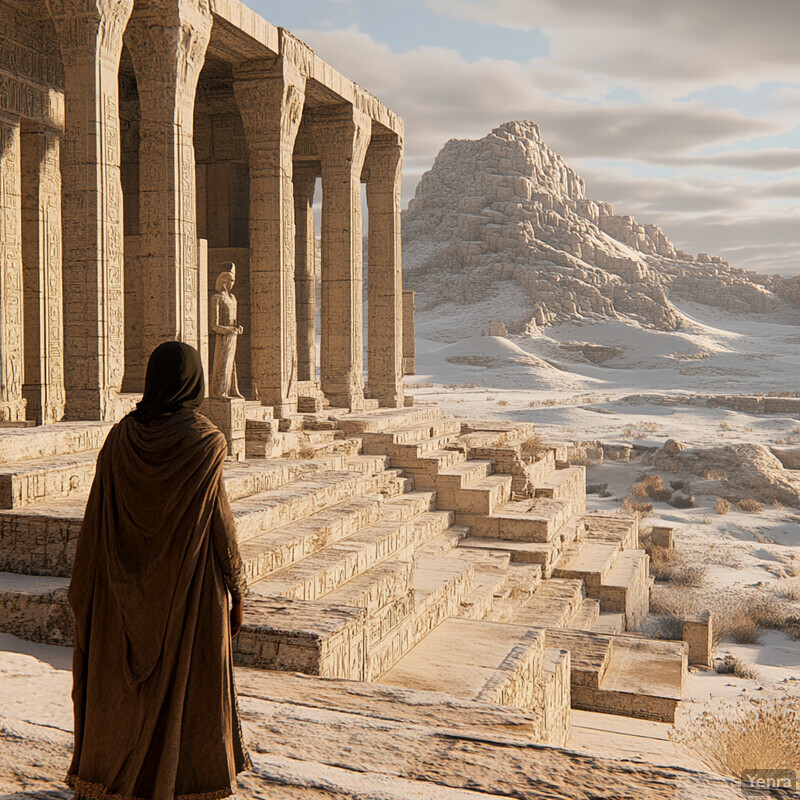 A woman stands in front of a large stone building with columns and two statues in an ancient Egyptian setting.