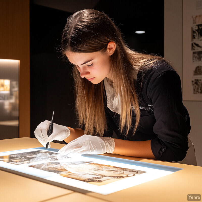 A woman in a black top is working on an art piece at a table, surrounded by framed pictures.