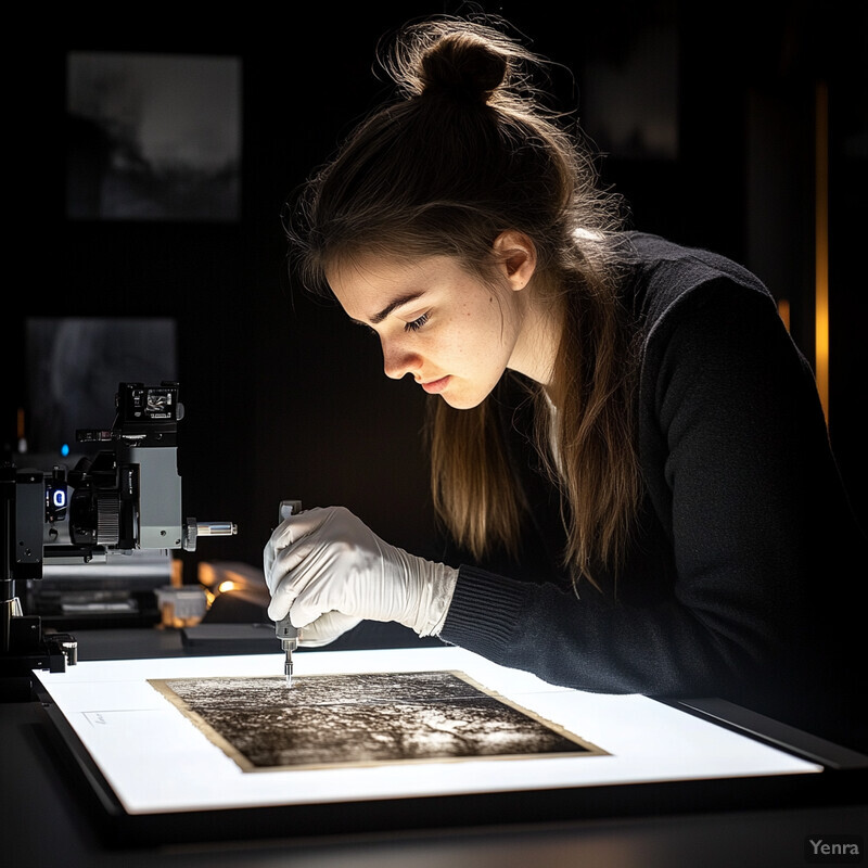 A woman examines an old photograph in a dimly lit room filled with photography equipment.