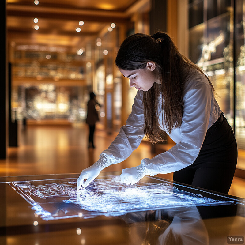 A woman examines illuminated artifacts in a museum or gallery setting.