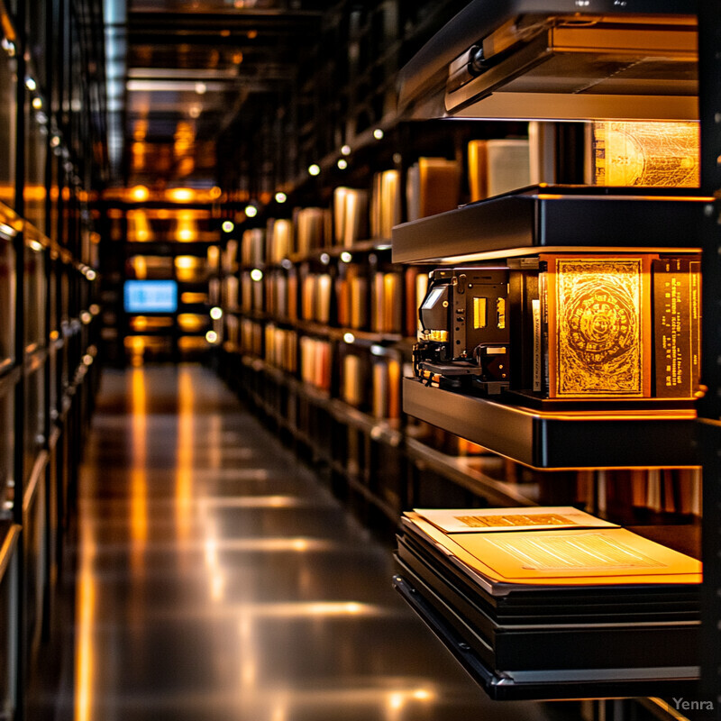 A dimly lit room with rows of shelves containing numerous books.