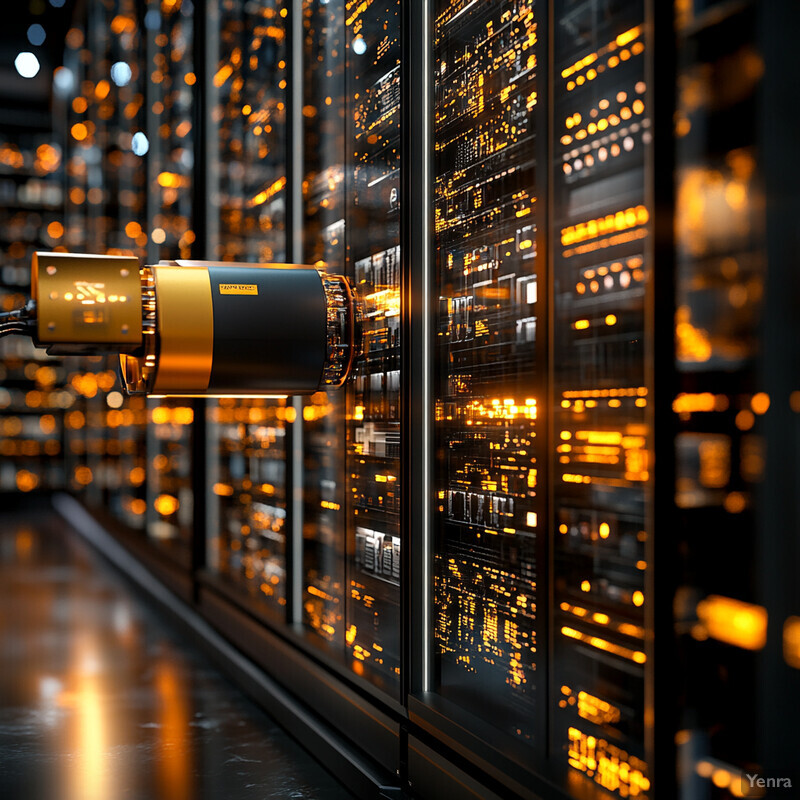 A futuristic server room or data center with a large array of servers stacked vertically in rows, each with multiple screens displaying various information.