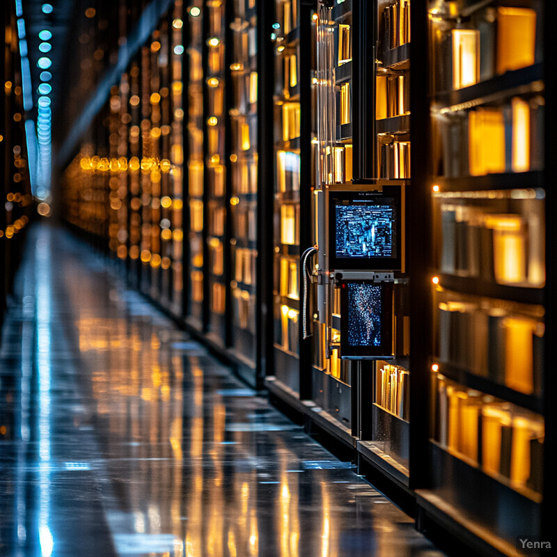 A long hallway lined with rows of shelves containing rectangular metal containers.