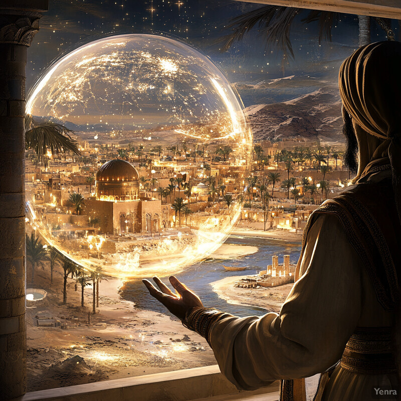 A man gazes out of a window at a cityscape through a crystal ball.