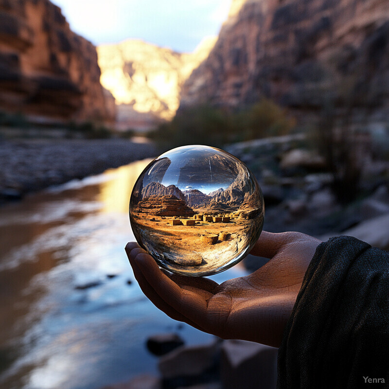 A person holds a crystal ball in front of a river, reflecting the surrounding mountains and sky.