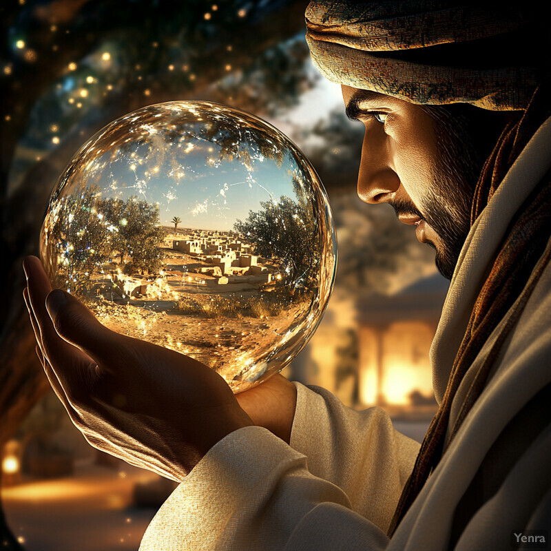 A man dressed in traditional Middle Eastern attire holds a crystal ball that reflects the surrounding environment.