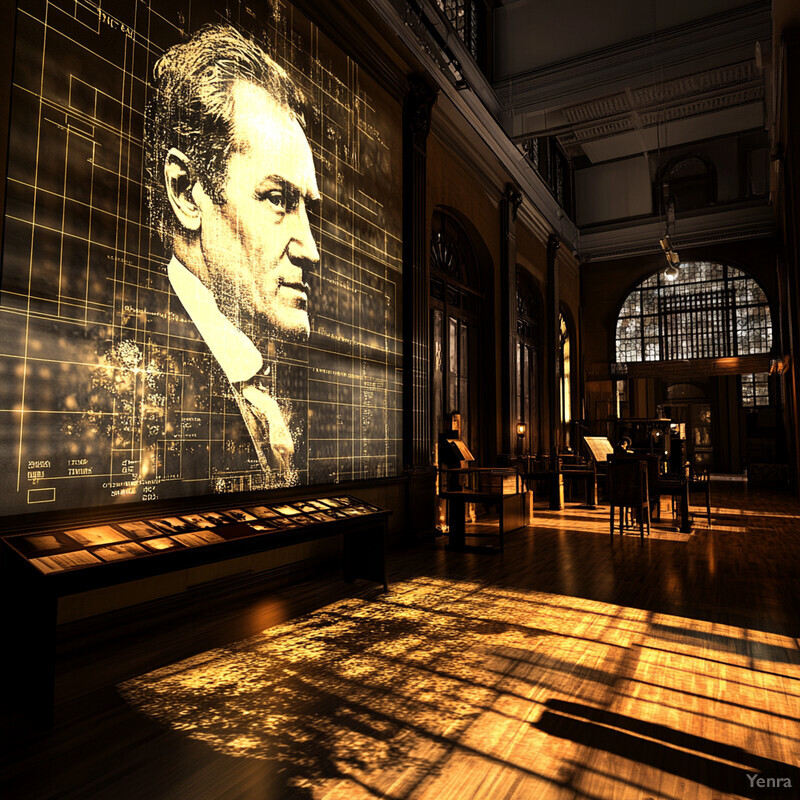 A dimly lit room with a large projection of a black-and-white photograph and a table displaying artifacts.