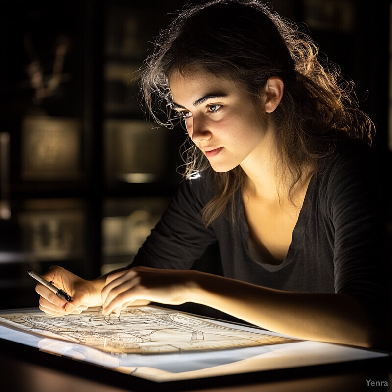 A young woman studies a map in a home office or library setting.