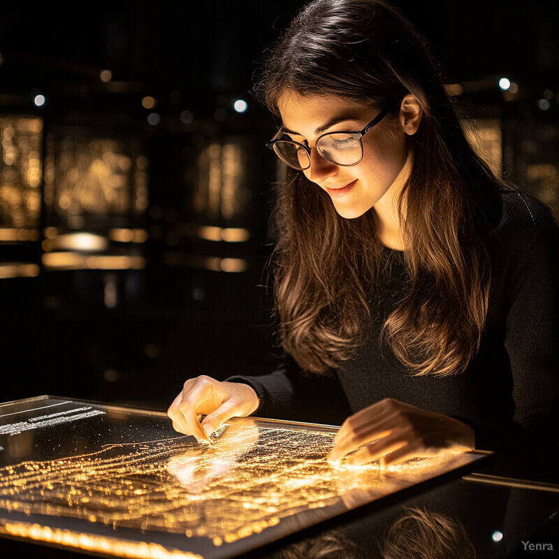 A woman interacts with a touch-sensitive display screen in a dimly lit museum or art gallery setting.