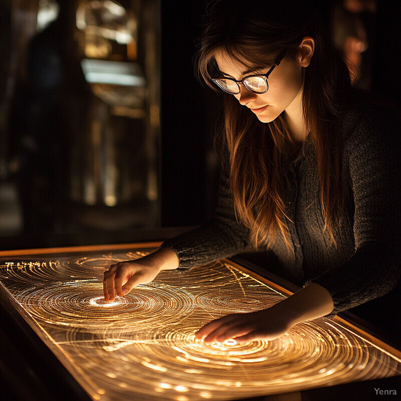 A woman interacts with a gold-patterned display in a dimly lit room.