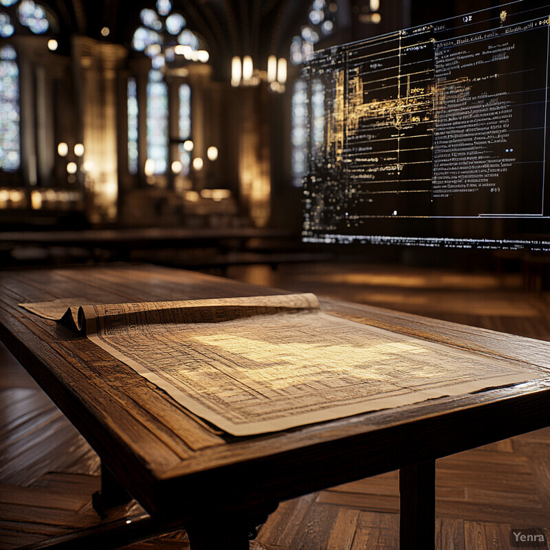 An ornate wooden table with a large, rolled-up parchment or map on top, set against the backdrop of a grand hall or cathedral.