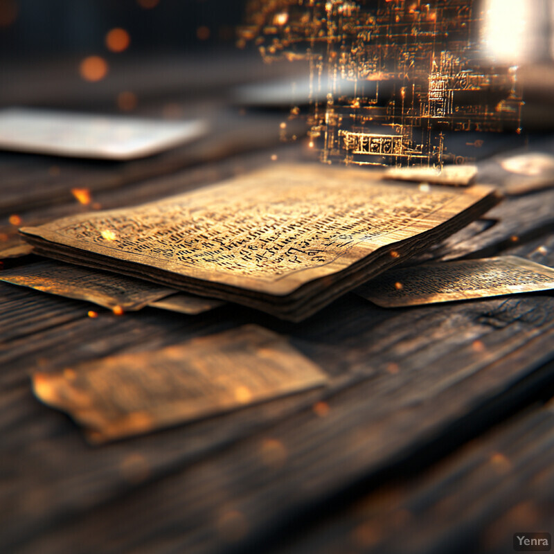 A collection of ancient, yellowed papers scattered across a dark wooden table, with intricate calligraphy and illustrations adorning their surfaces.