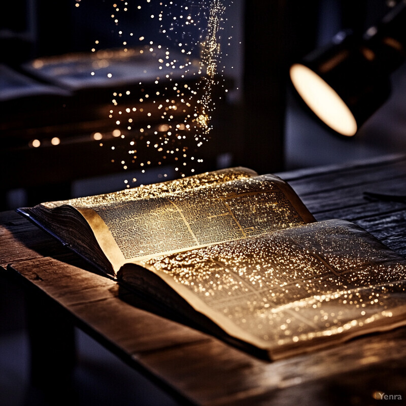 An open book on a wooden table with gold pages and text, illuminated by a light source from above.