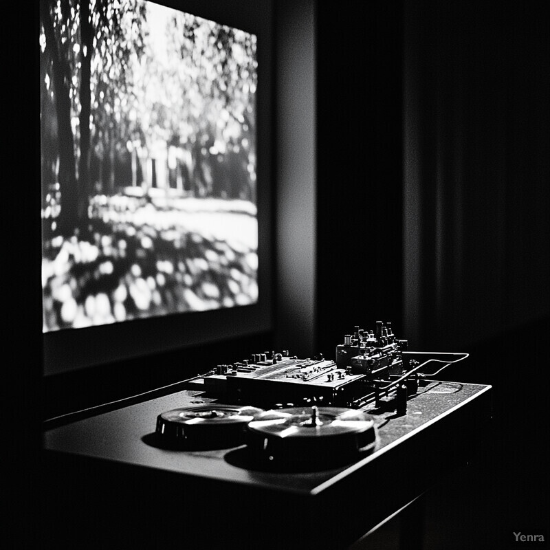 A DJ setup in front of a large screen, capturing the essence of an intimate performance or event.