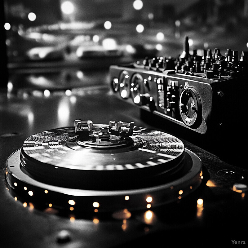 A DJ setup with two turntables and a mixer in an indoor performance setting.