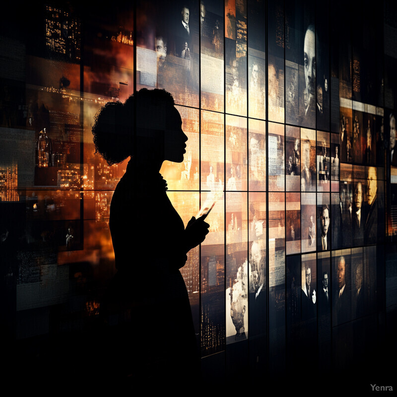 A woman stands in front of a wall covered in photographs of historical figures, with her silhouette visible against the backdrop.