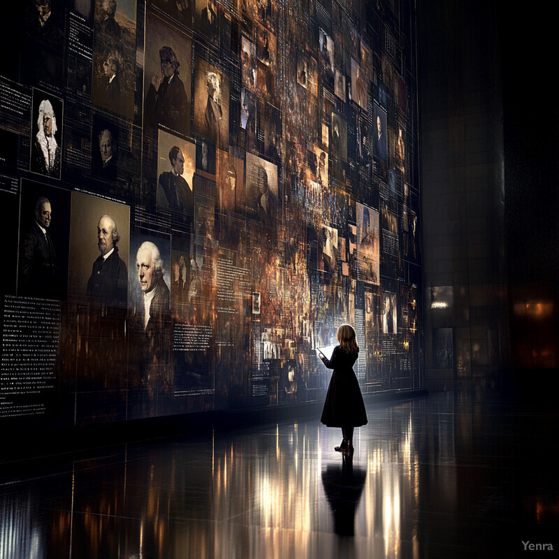 A young girl stands in front of a large wall covered with numerous portraits of historical figures.