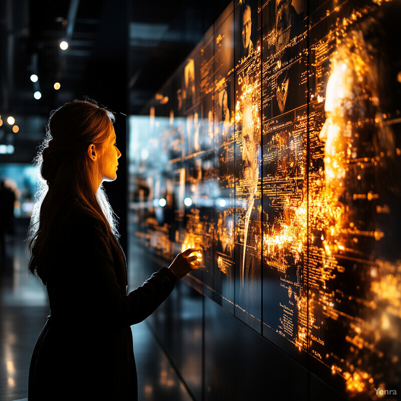 A woman admires a wall of photographs and biographies of historical figures, illuminated by golden light.