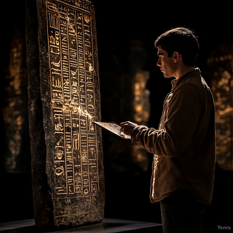 A man studies an ancient Egyptian tombstone or stele in a dimly lit room.