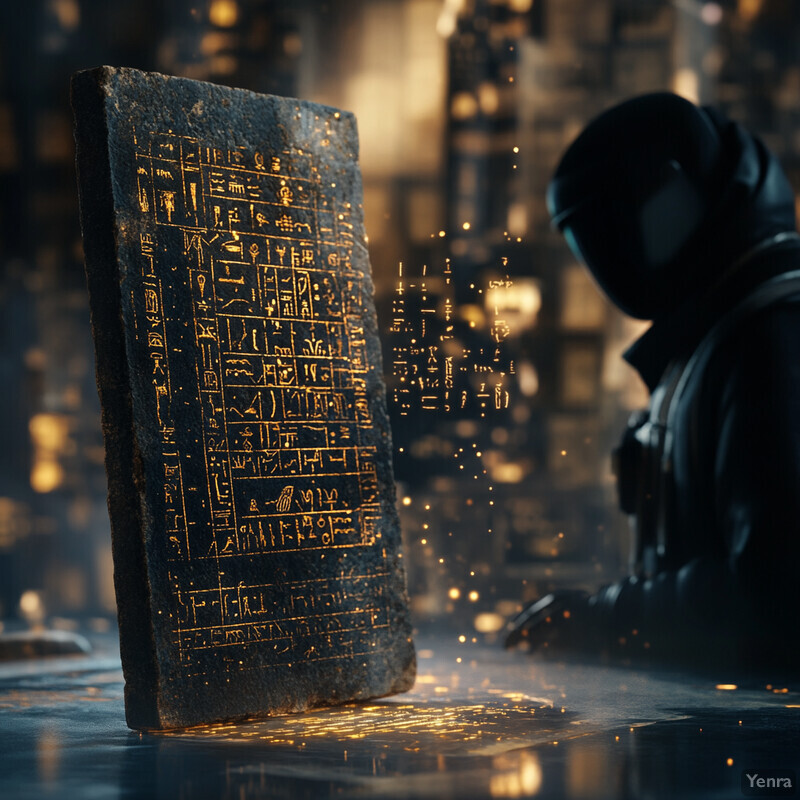 An ancient Egyptian-style artifact with glowing hieroglyphics sits in a dimly lit room.