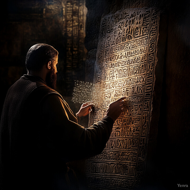 A man examines an ancient text on a stone wall in a mysterious setting.