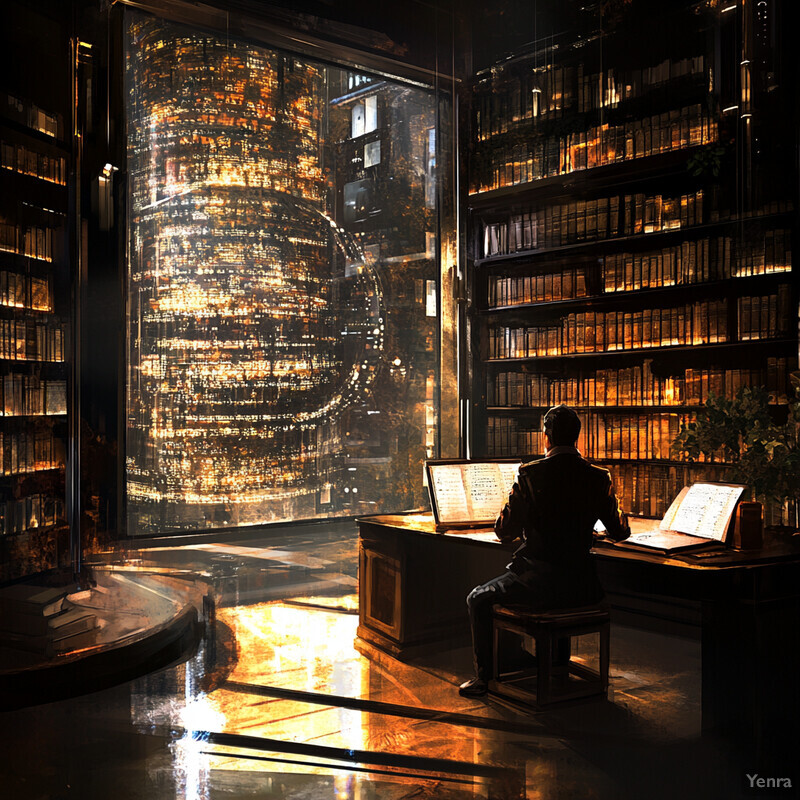 A man sits at a desk in front of a large window, surrounded by books and papers.