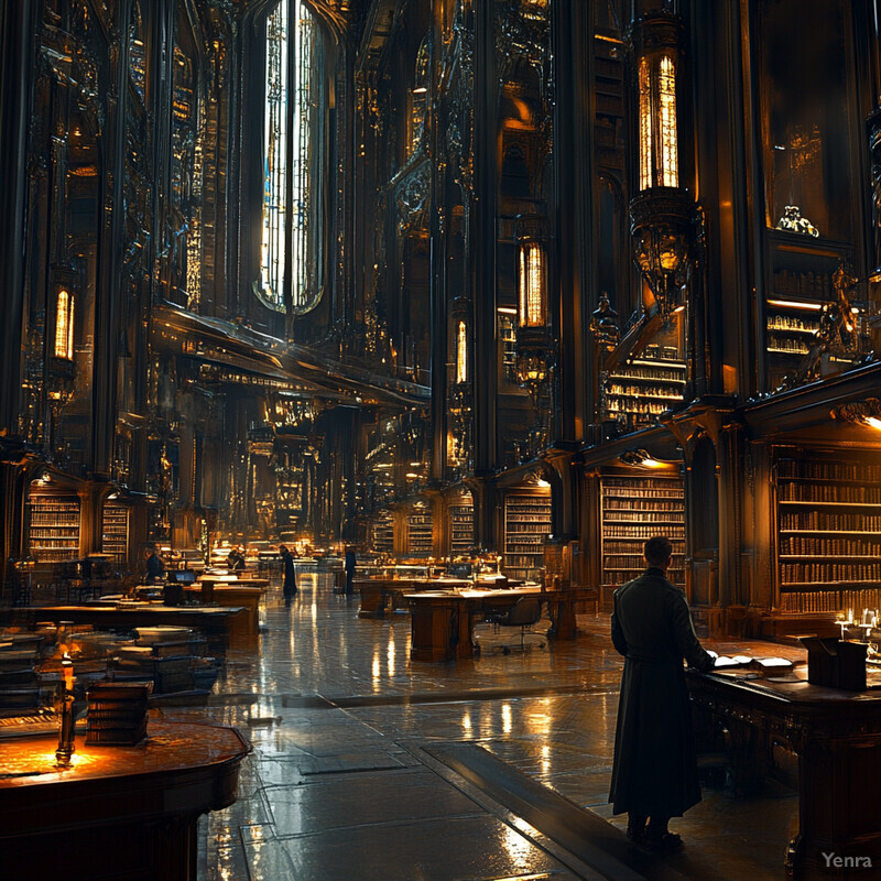 A man stands at a desk surrounded by books and papers in an ornate library.