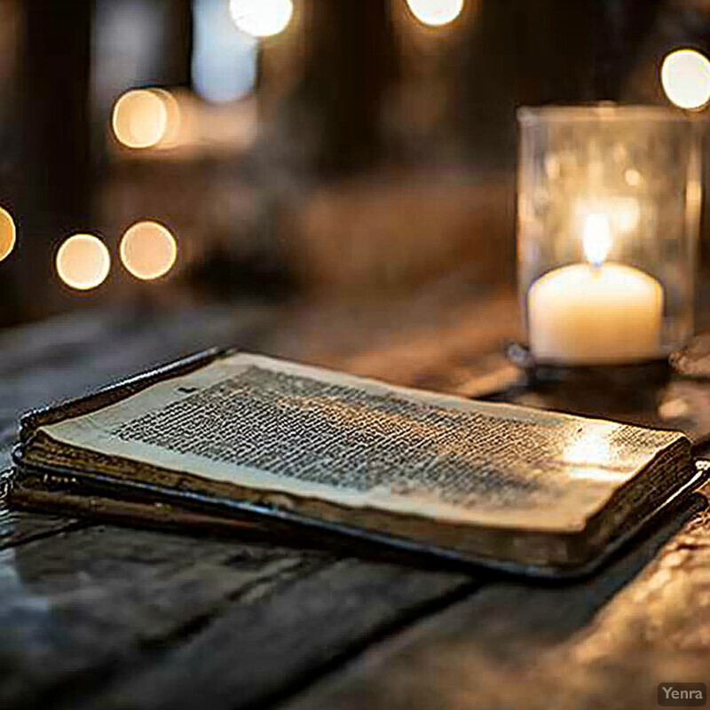 An old book lies open on a wooden table or surface, surrounded by lit candles.